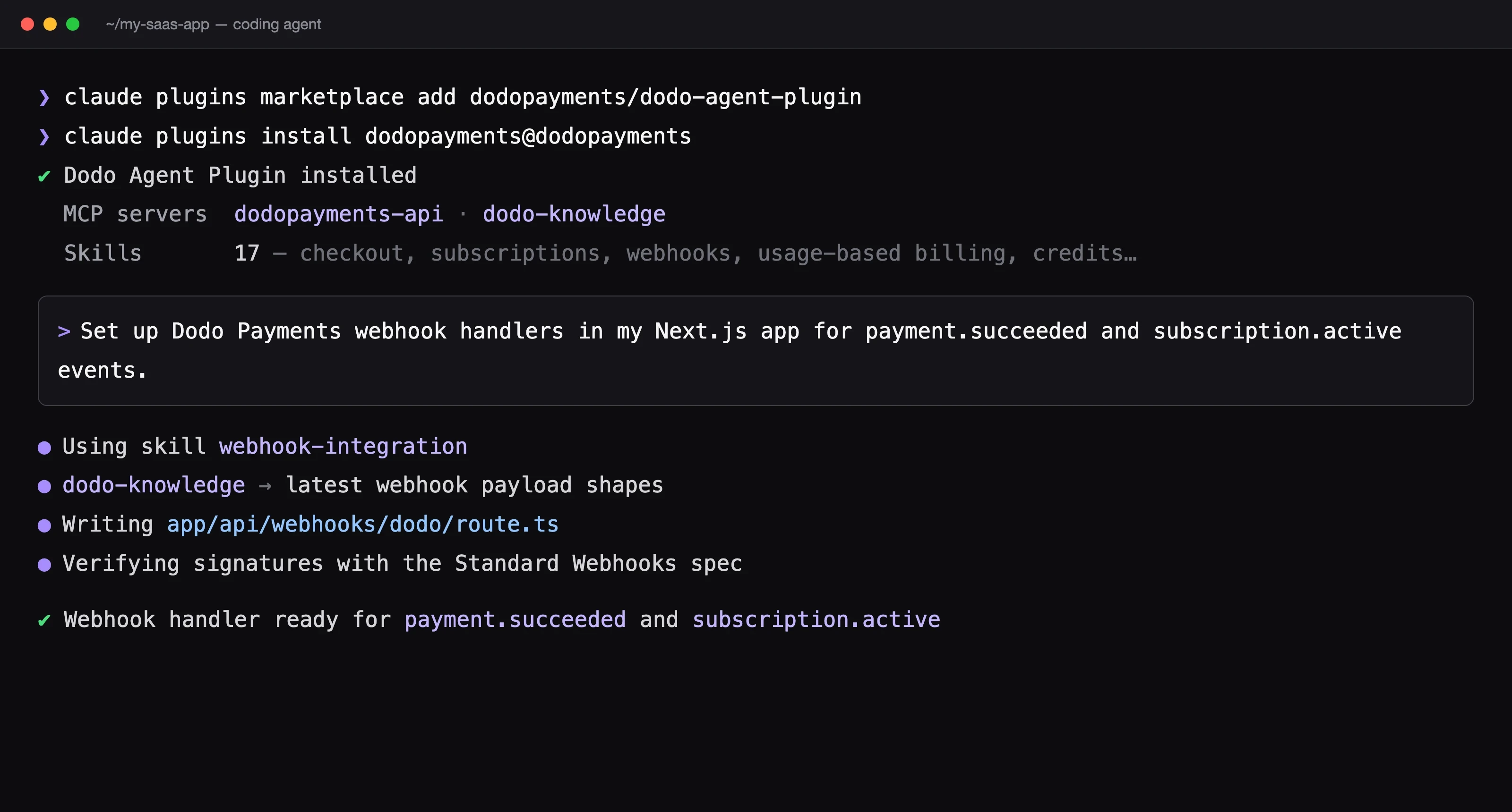 Dodo Agent Plugin running in a coding agent terminal