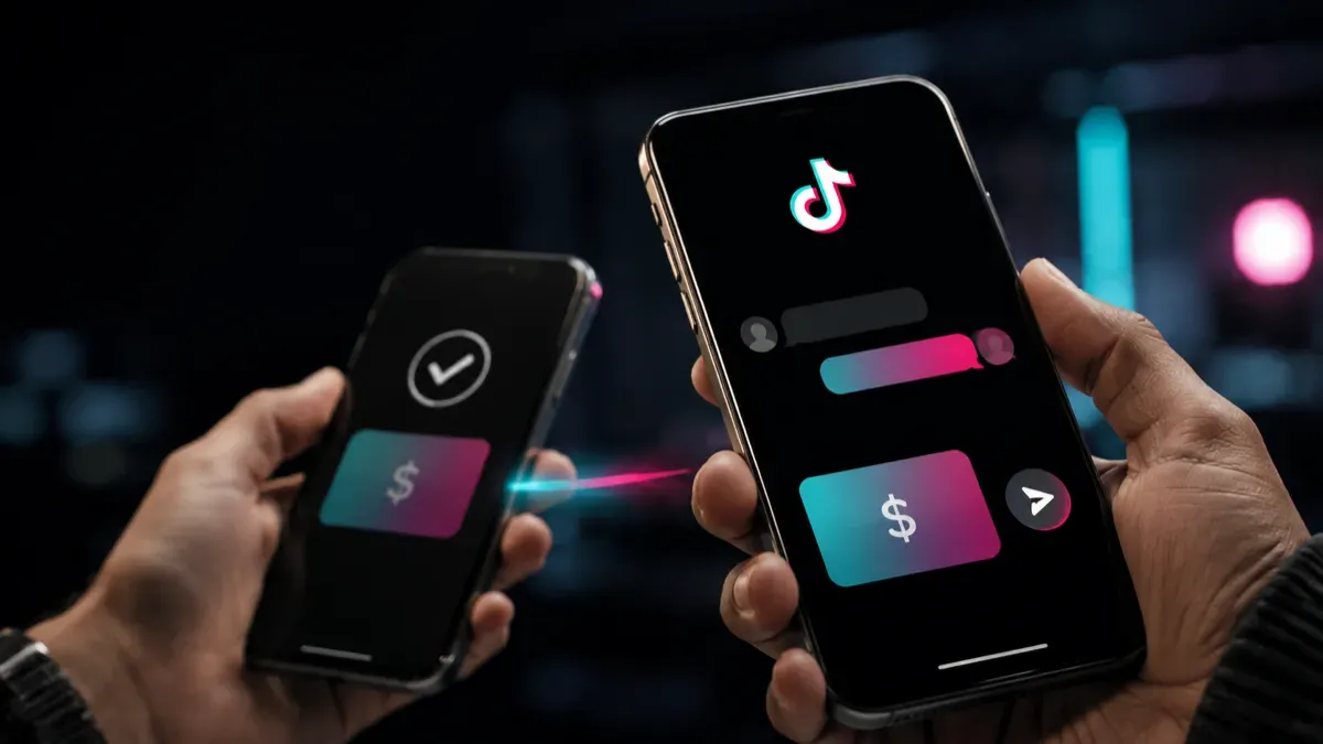 Concept mockup of peer-to-peer payments inside the TikTok app, showing payment cards and send controls on a mobile screen