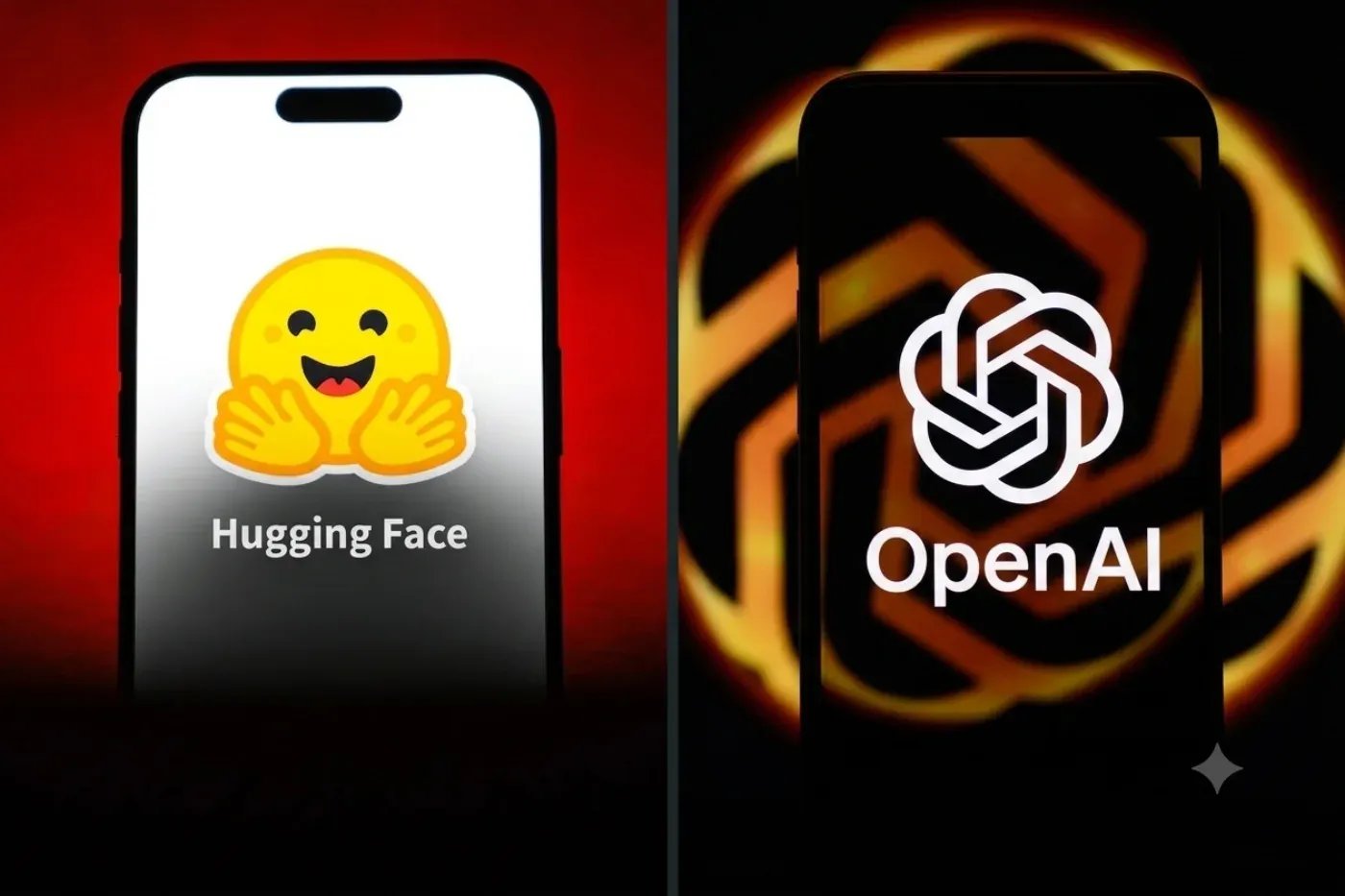 Hugging Face and OpenAI logos displayed side by side on two smartphone screens