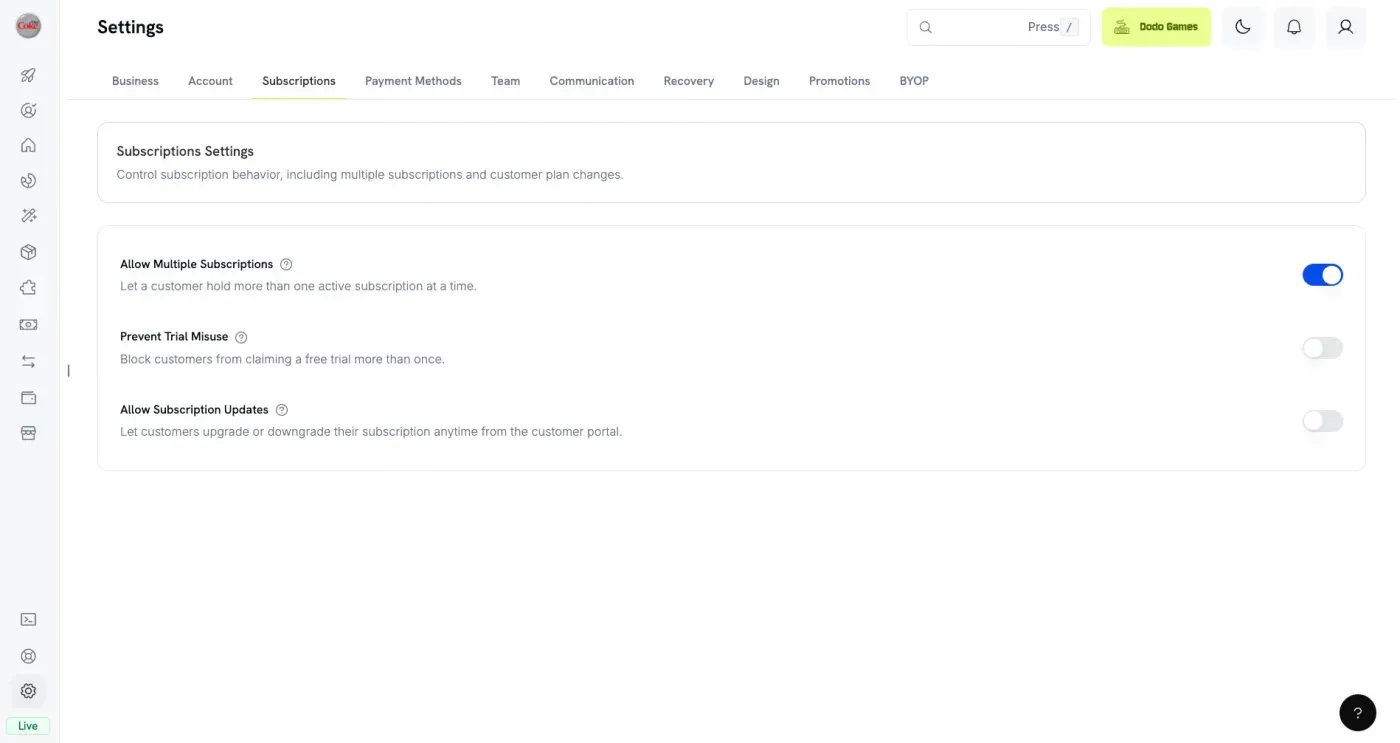 Dodo Payments subscription settings showing the Prevent Trial Misuse toggle alongside multiple subscriptions and subscription update controls