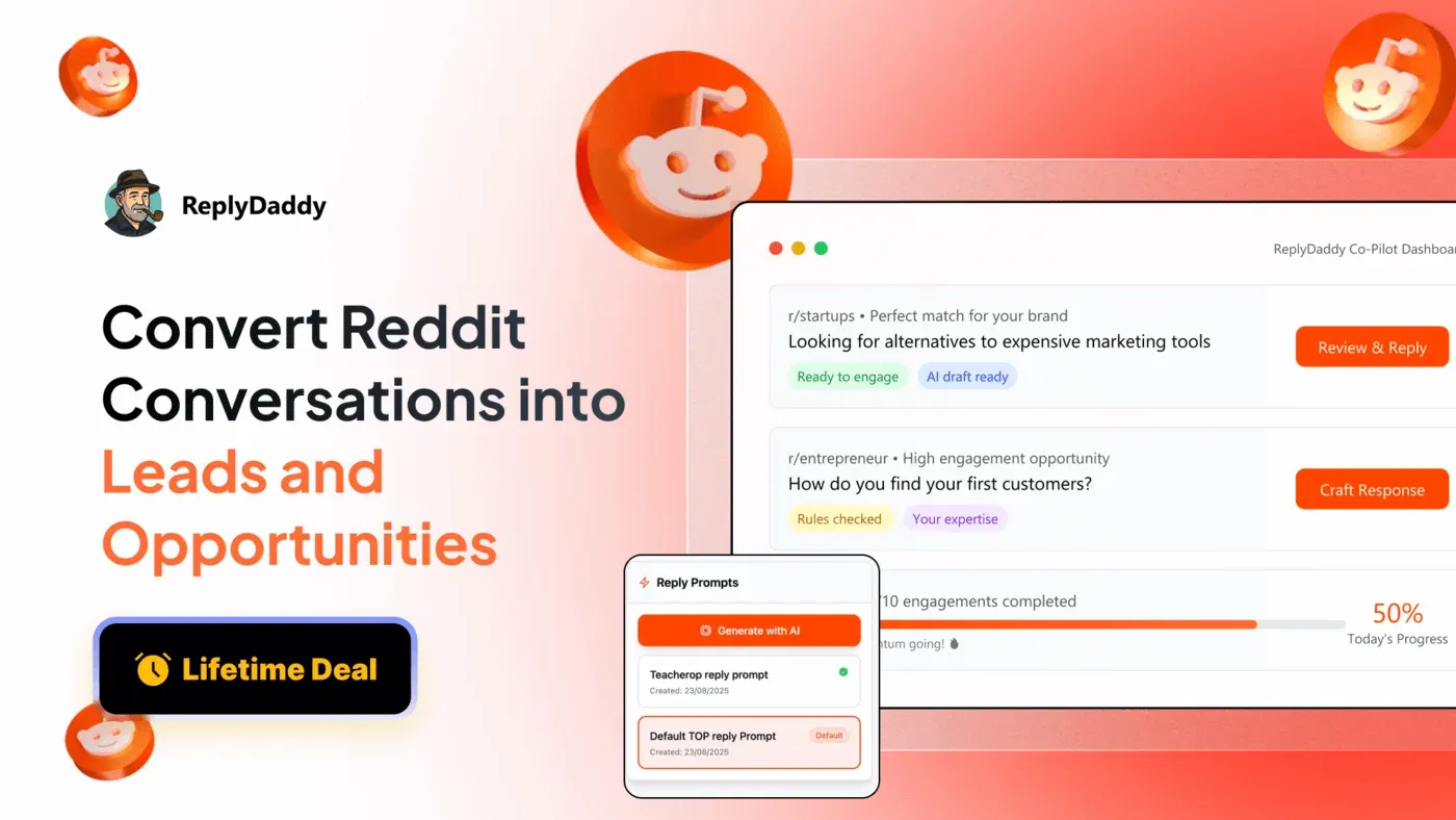 ReplyDaddy Co-Pilot dashboard turning Reddit conversations into leads with AI-drafted replies