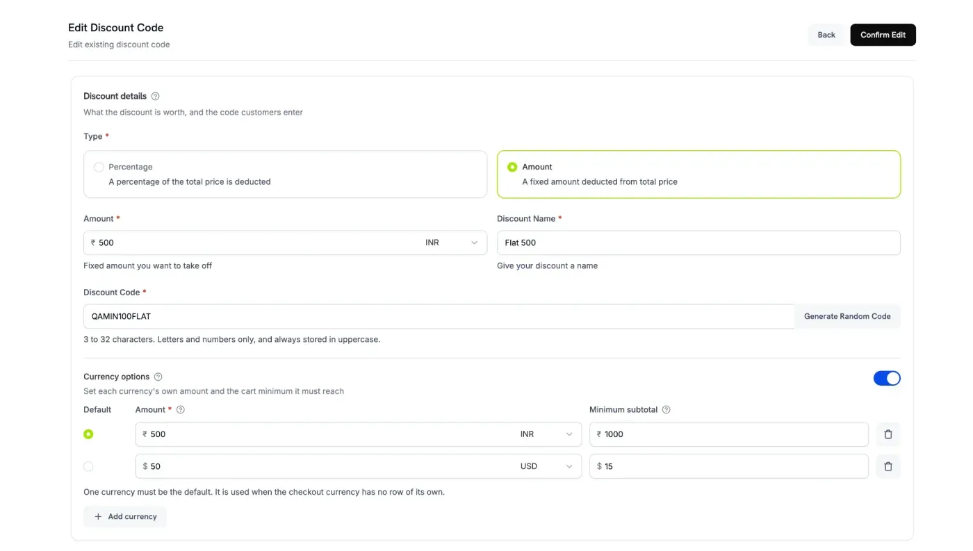 Dodo Payments discount code editor showing a flat 500 INR amount discount with per-currency options for INR and USD
