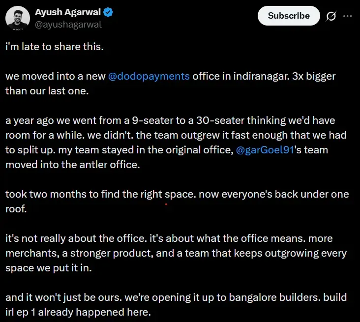 Ayush Agarwal's X post announcing the new Dodo Payments office in Indiranagar, Bengaluru, three times larger than the previous space