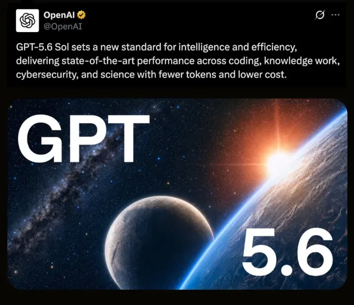 OpenAI's post announcing GPT-5.6 Sol as a new standard for intelligence and efficiency