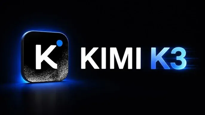 Kimi K3 AI model logo with a glowing blue neon effect on a dark background