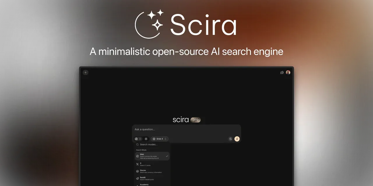 Scira Pro AI search engine interface with a minimalist design, search modes, and a question input field