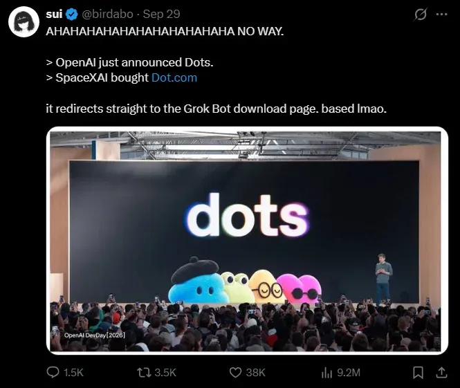 A post from @birdabo noting that right after OpenAI announced Dots, SpaceXAI bought Dot.com and pointed it at the Grok Bot download page, with a photo of the "dots" reveal at OpenAI DevDay