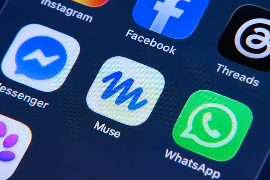 A phone home screen with the Muse app icon sitting alongside Messenger, Facebook, Threads, Instagram, and WhatsApp