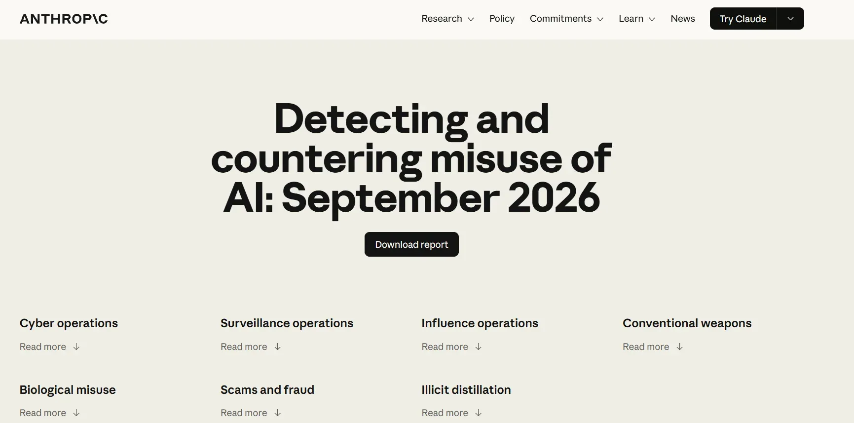 A post from @AnthropicAI announcing their most detailed threat intelligence report to date, explaining that they disrupted every operation covered and published it so others can spot the same activity on their own platforms