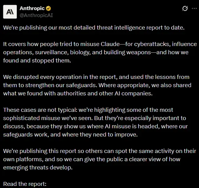 Anthropic's report landing page, headlined "Detecting and countering misuse of AI: September 2026", with sections for cyber operations, surveillance, influence operations, scams and fraud, and more