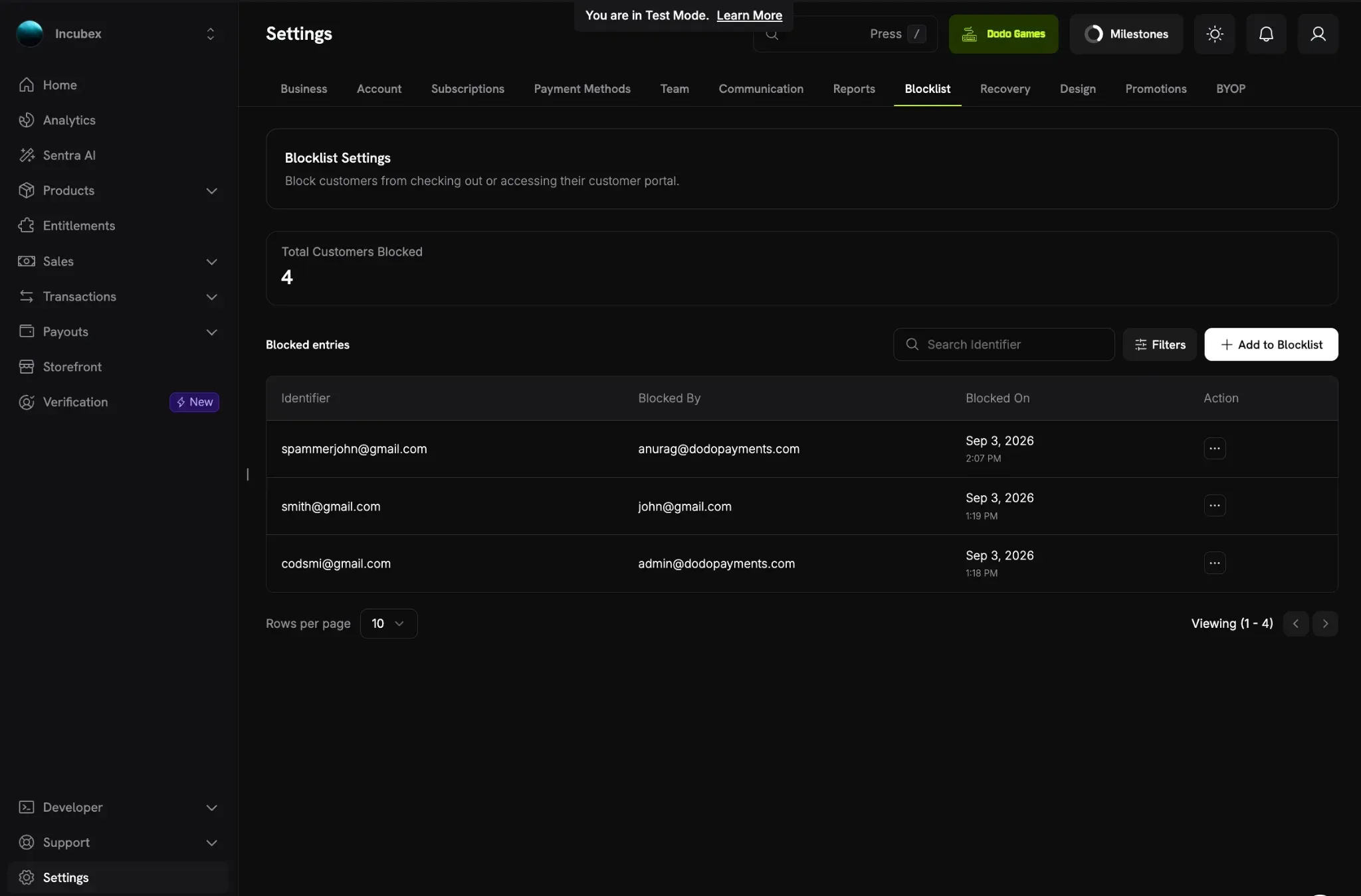 The Dodo Payments dashboard Blocklist settings page, showing four blocked customers and a table of blocked email identifiers with who blocked them and when