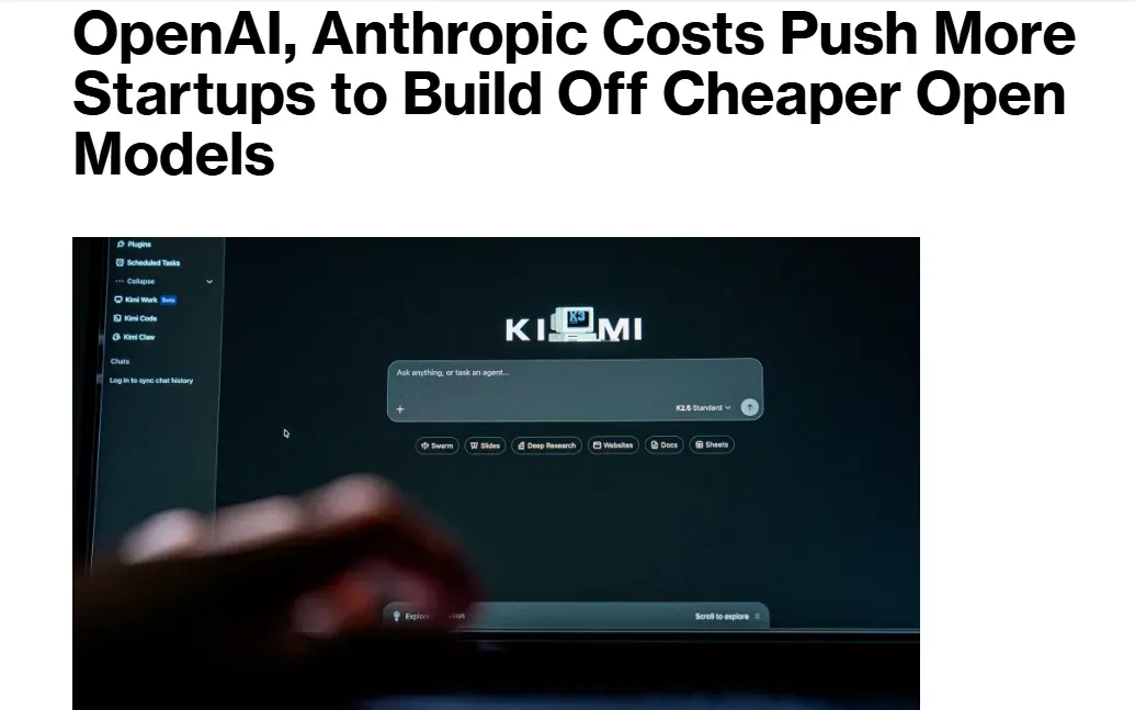 A news headline reading "OpenAI, Anthropic Costs Push More Startups to Build Off Cheaper Open Models", above a photo of the Kimi AI chat interface running on a monitor