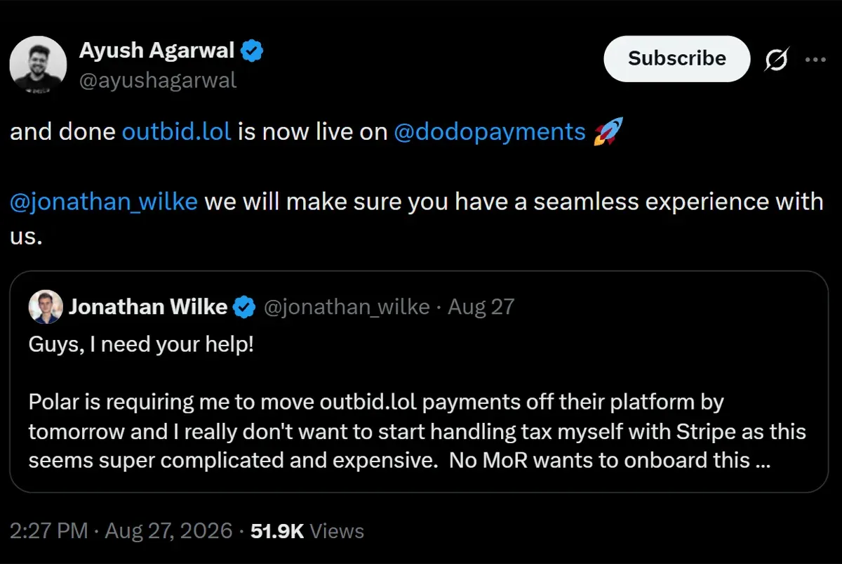 A post announcing that Outbid.lol is live on Dodo Payments, quoting the founder's earlier request for help moving payment providers at short notice